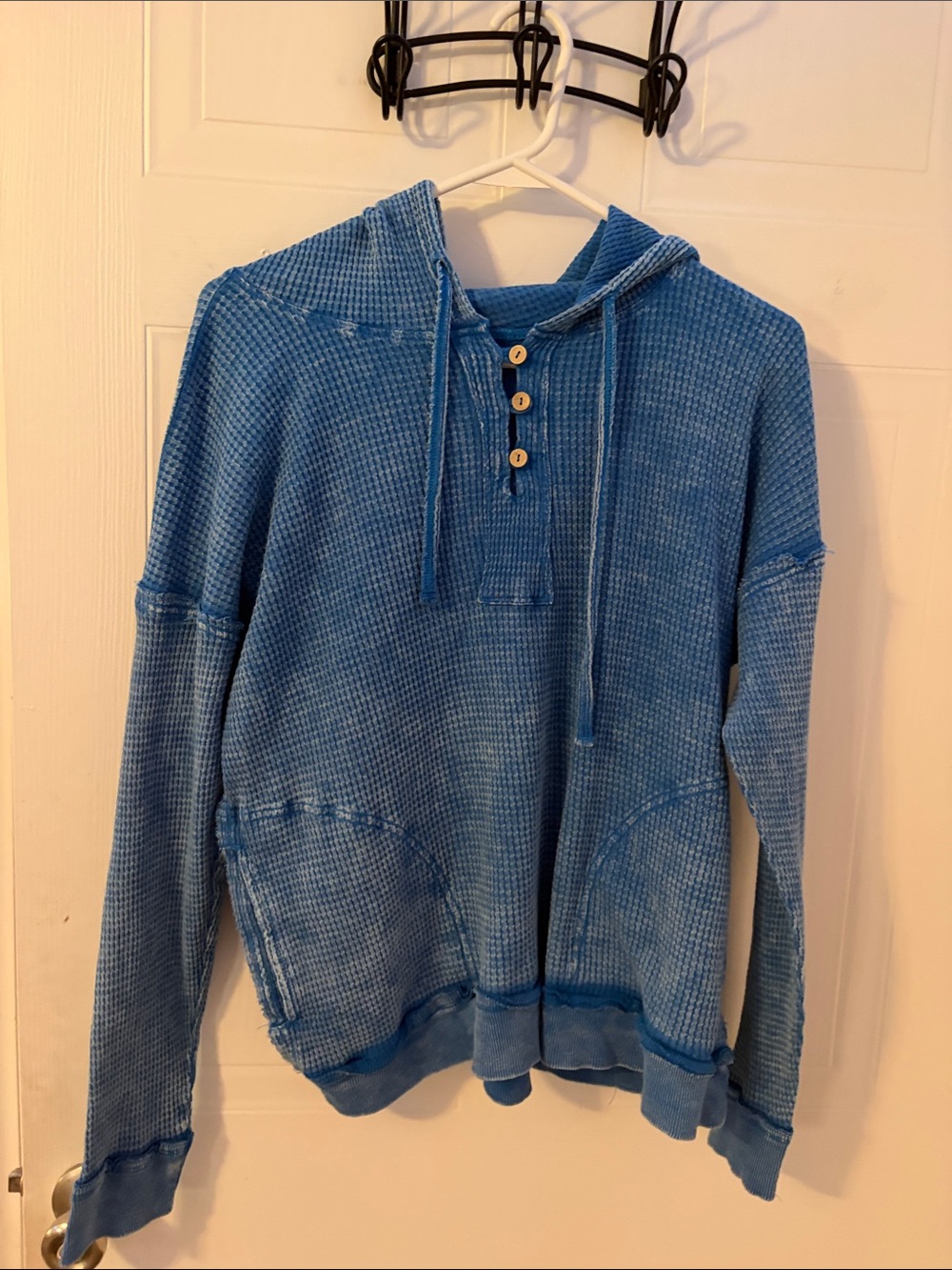Zenana Outfitters Blue Waffle Knit Hooded Pullover with Button Placket